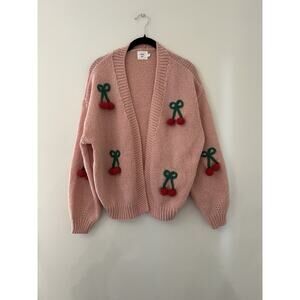 Luna Ivy Women’s Pink Knit 3D Cherry Embroidered Cardigan Sweater